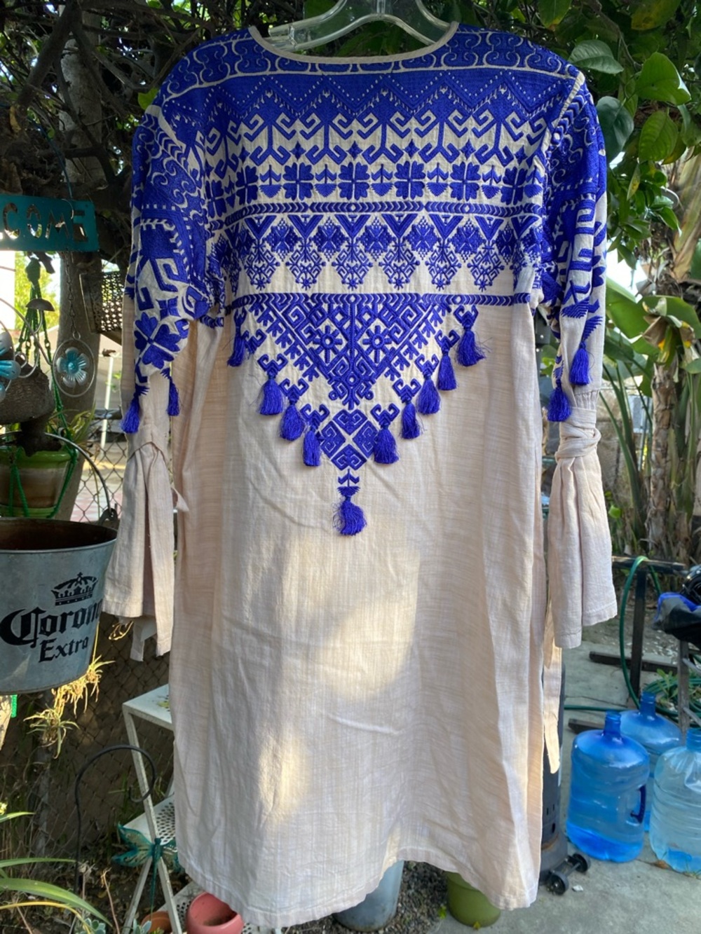 Boho Embroidered Tassel Tunic Dress in Royal Blue and Cream